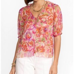 NWT Johnny Was Silk Pink Floral Marcia Ruffle Blouse Size XS